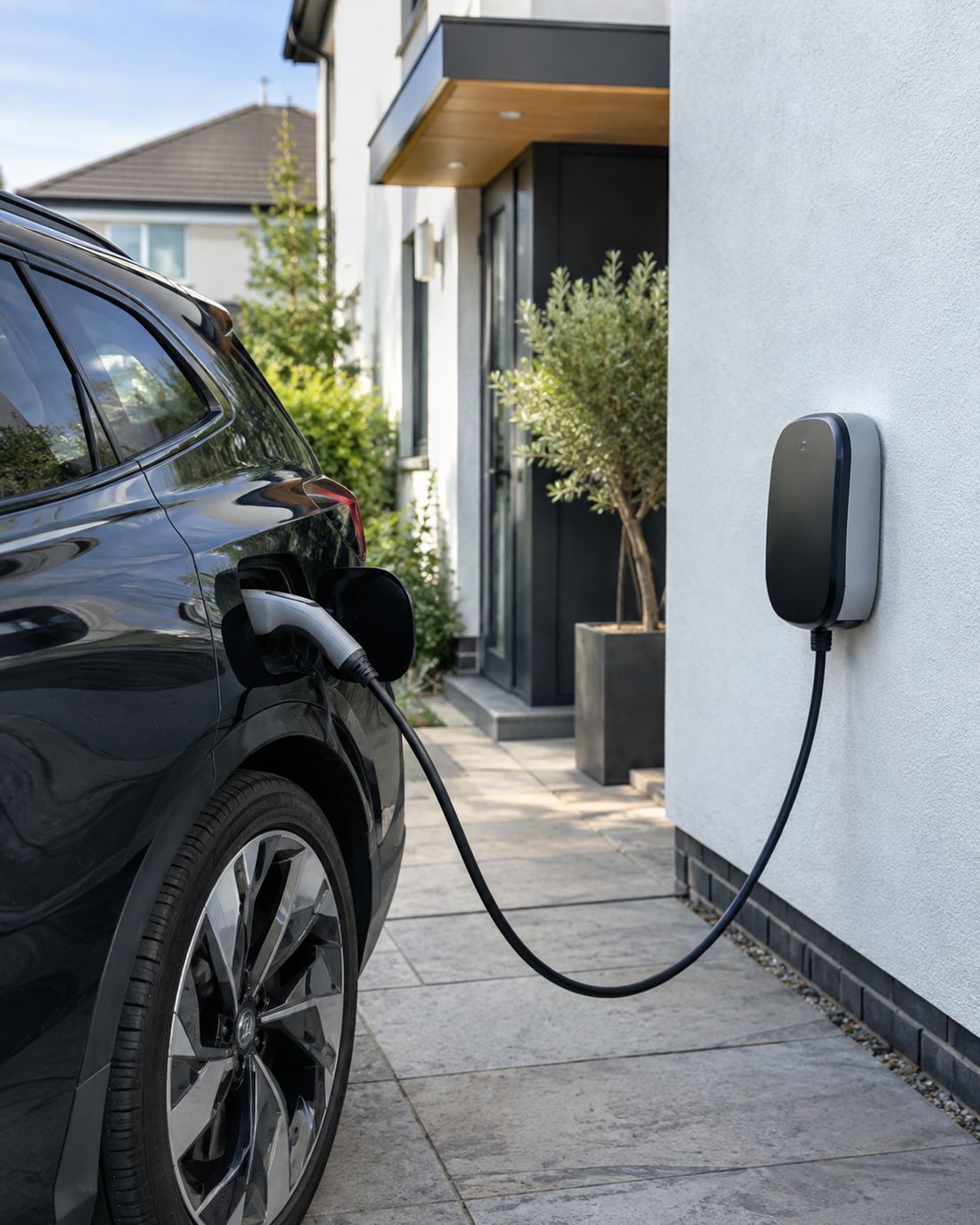 Smart EV charger wall-mounted beside a driveway, tethered cable plugged into the car