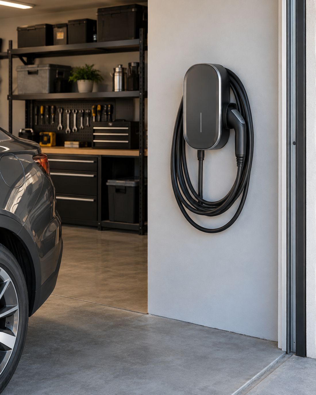 Wall-mounted home EV charger with the tethered cable coiled on its holster in a garage