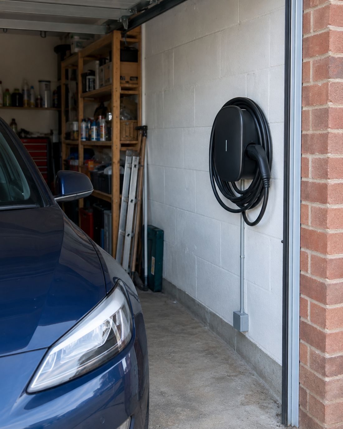 Tethered EV charger inside an integral garage with the cable in steel conduit